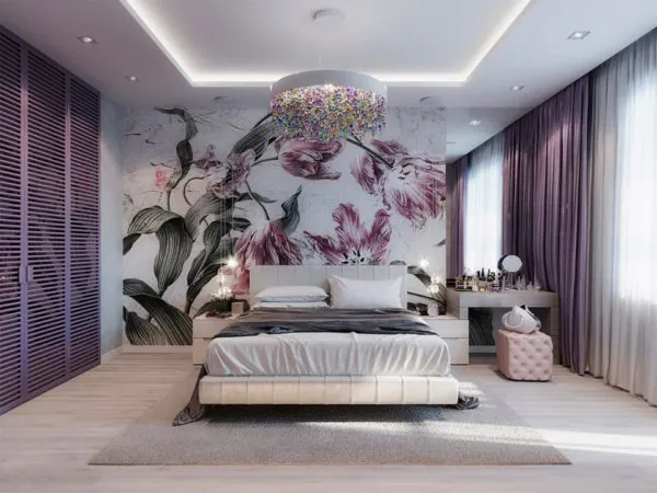dekor kamar tidur wallapaper bunga warna ungu