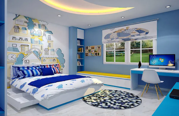 dekorasi kamar anak warna biru