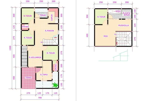 denah rumah 3 kamar ukuran 7x9 2 lantai bagus