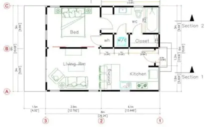 denah rumah 6x8 1 kamar tidur