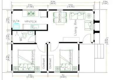 denah rumah 6x8 2 kamar tidur minimalis