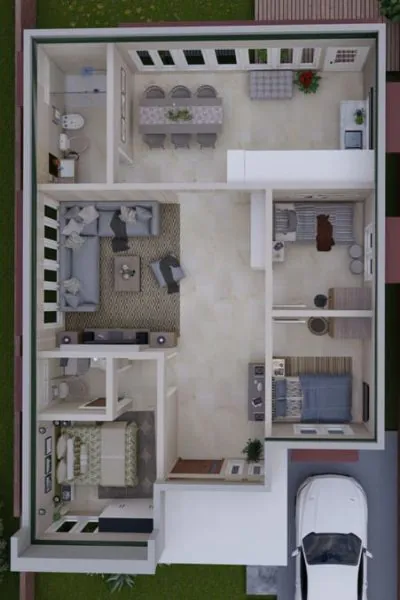 denah rumah 9x12 3 kamar tidur