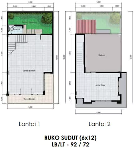 denah ruko 2 lantai 6x12