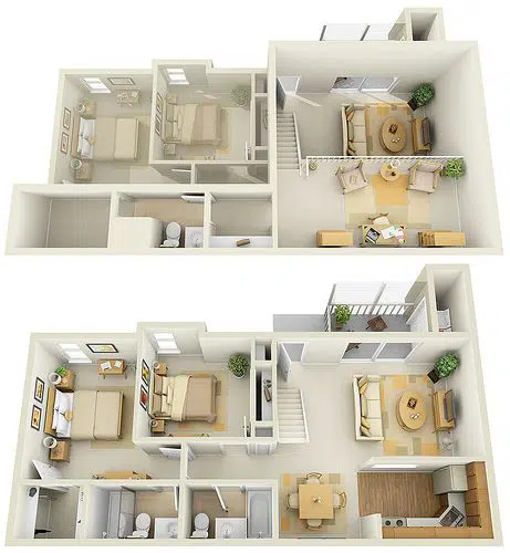 denah rumah 2 lantai 4 kamar tidur 3d type 46