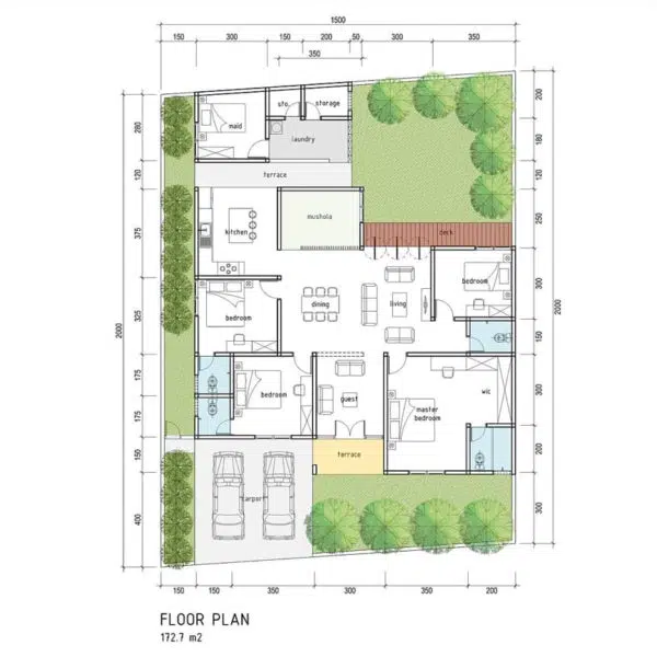 denah rumah 4 kamar 1 mushola 1 lantai