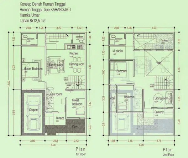 denah rumah 4 kamar 1 mushola 2 lantai