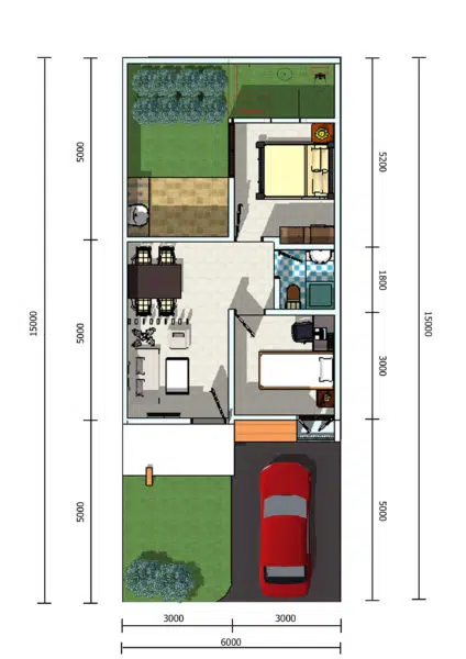 denah rumah 6x9 2 kamar tidur dan garasi
