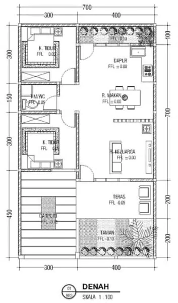 denah rumah 7x12 2 kamar tidur