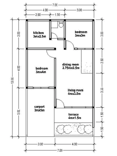denah rumah 7x12 dengan garasi