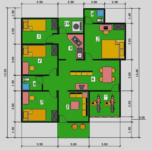denah rumah minimalis 4 kamar tidur 1 mushola 1 garasi