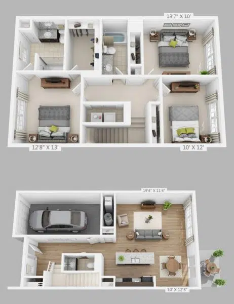 denah rumah type 36 2 lantai 3d + garasi