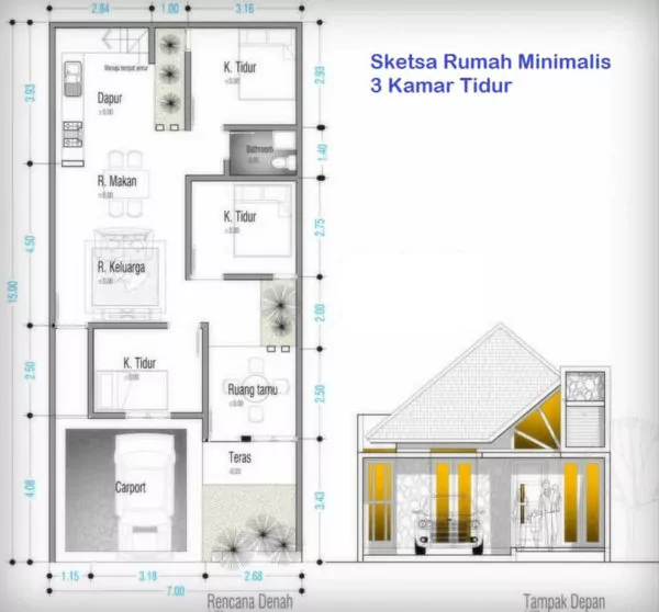 denah pondasi rumah ukuran 6x12 3 kamar dengan tampak depan