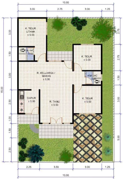 denah pondasi rumah ukuran 6x12 3 kamar minimalis