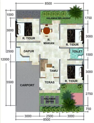denah pondasi rumah ukuran 7x9 3 kamar