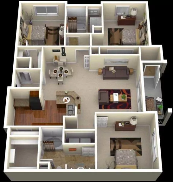 denah rumah 3 kamar tidur 1 mushola 3d