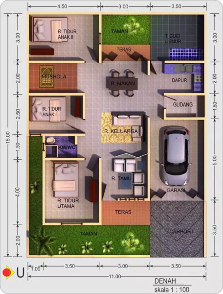 denah rumah 3 kamar tidur 1 mushola
