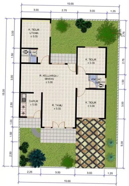 denah rumah 3 kamar tidur 1 mushola dan garasi