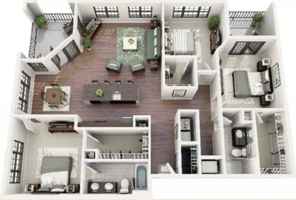 denah rumah 3 kamar tidur 1 mushola minimalis