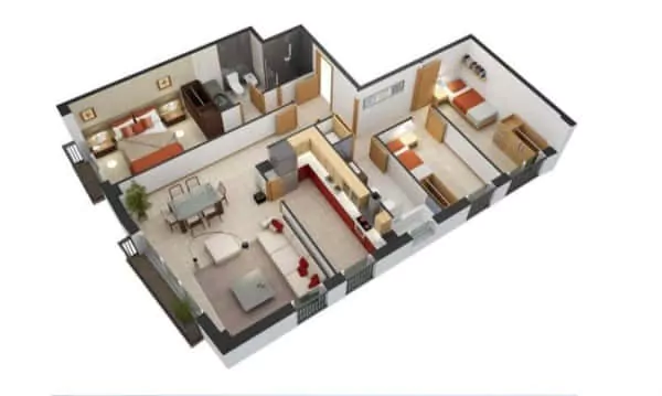 denah rumah 6x8 3 kamar 3d