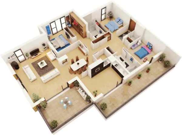 denah rumah 6x8 3 kamar dan teras