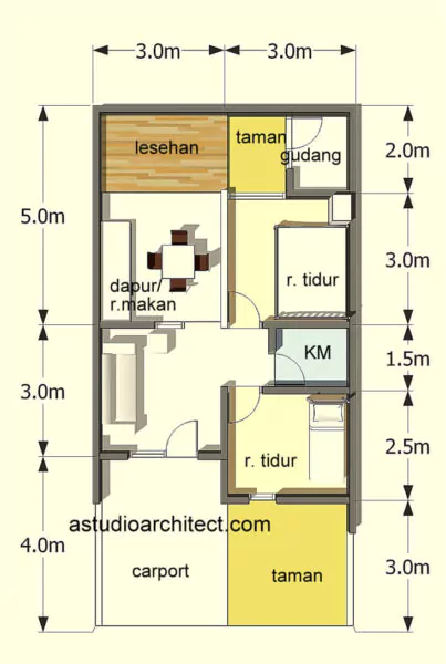 denah rumah 6x9 2 kamar tidur 1 lantai