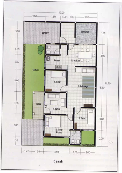 denah rumah 6x9 3 kamar tidur