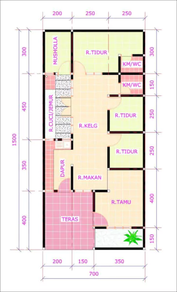 denah rumah 6x9 3 kamar tidur tanpa garasi