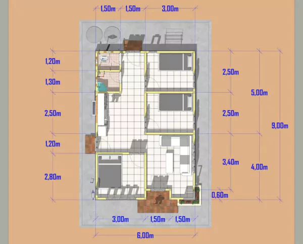 denah rumah 6x9 3 kamar tidur tanpa garasi modern