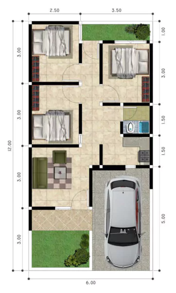 denah rumah minimalis 3 kamar tidur type 36 dan teras