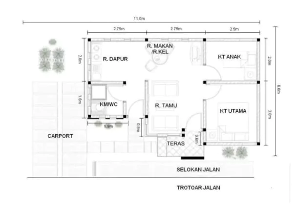 denah rumah ukuran 6x9 sederhana simpel