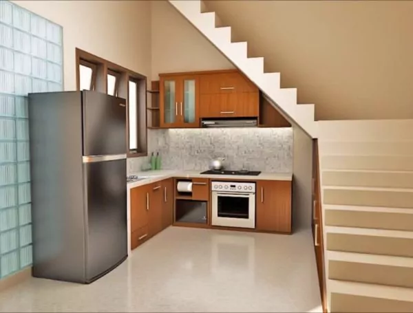 kitchen set bawah tangga warna coklat