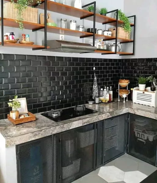kitchen set industrialis campuran marmer kayu