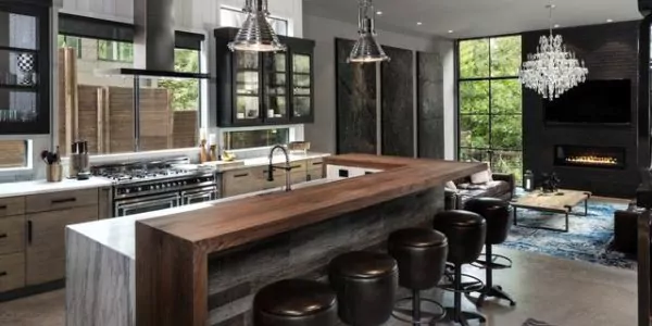 kitchen set industrialis desain kayu mix marmer dan lampu gantung