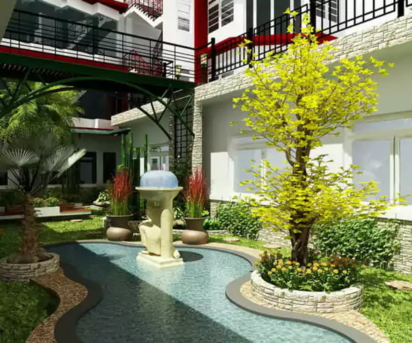 taman dalam rumah mewah dengan air mancur