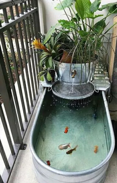 kolam ikan mini di teras rumah yang sederhana