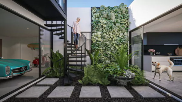 model teras rumah minimalis berada di tengah bangunan