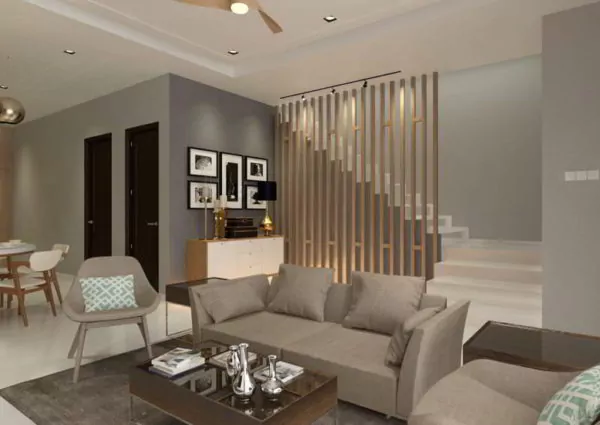 Gambar hiasan dindinng di ruang tamu menggunakan wall panel