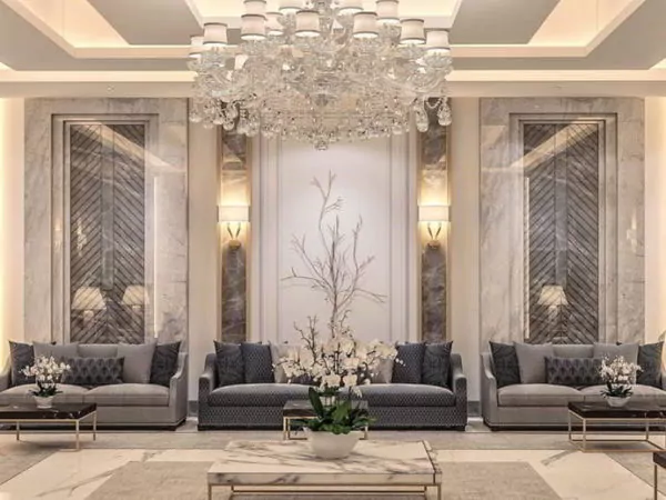 ruang tamu mewah klasik dengan dinding yang menarik