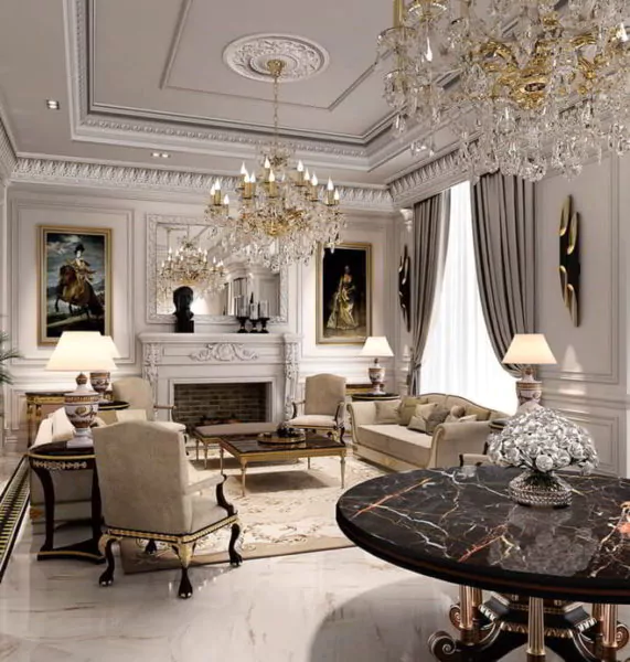ruang tamu mewah klasik menggunakan drop ceiling