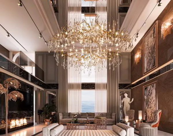 ruang tamu mewah klasik menggunakan lampu gantung