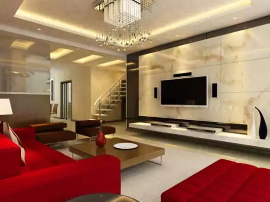 desain dinding ruang tamu dengan marmer dan led strip