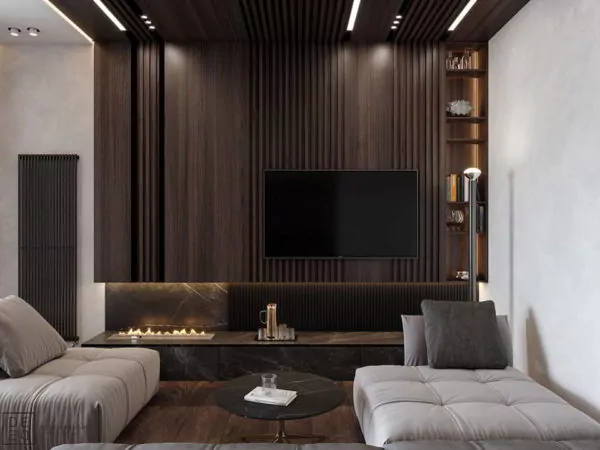 desain dinding ruang tamu dengan wall panel