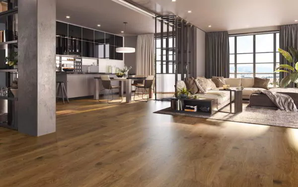 gunakan panel kayu kisi-kisi - ruang tamu dan ruang keluarga tanpa sekat