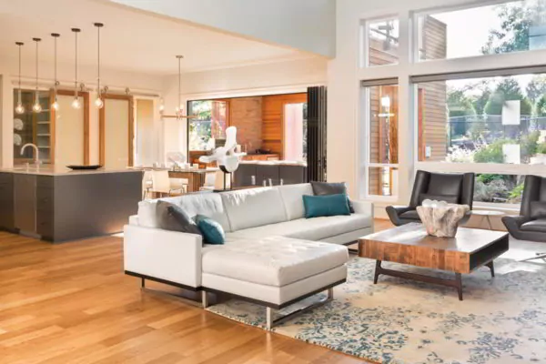 lantainya bisa menggunakan vynil atau keramik - ruang tamu dan ruang keluarga tanpa sekat